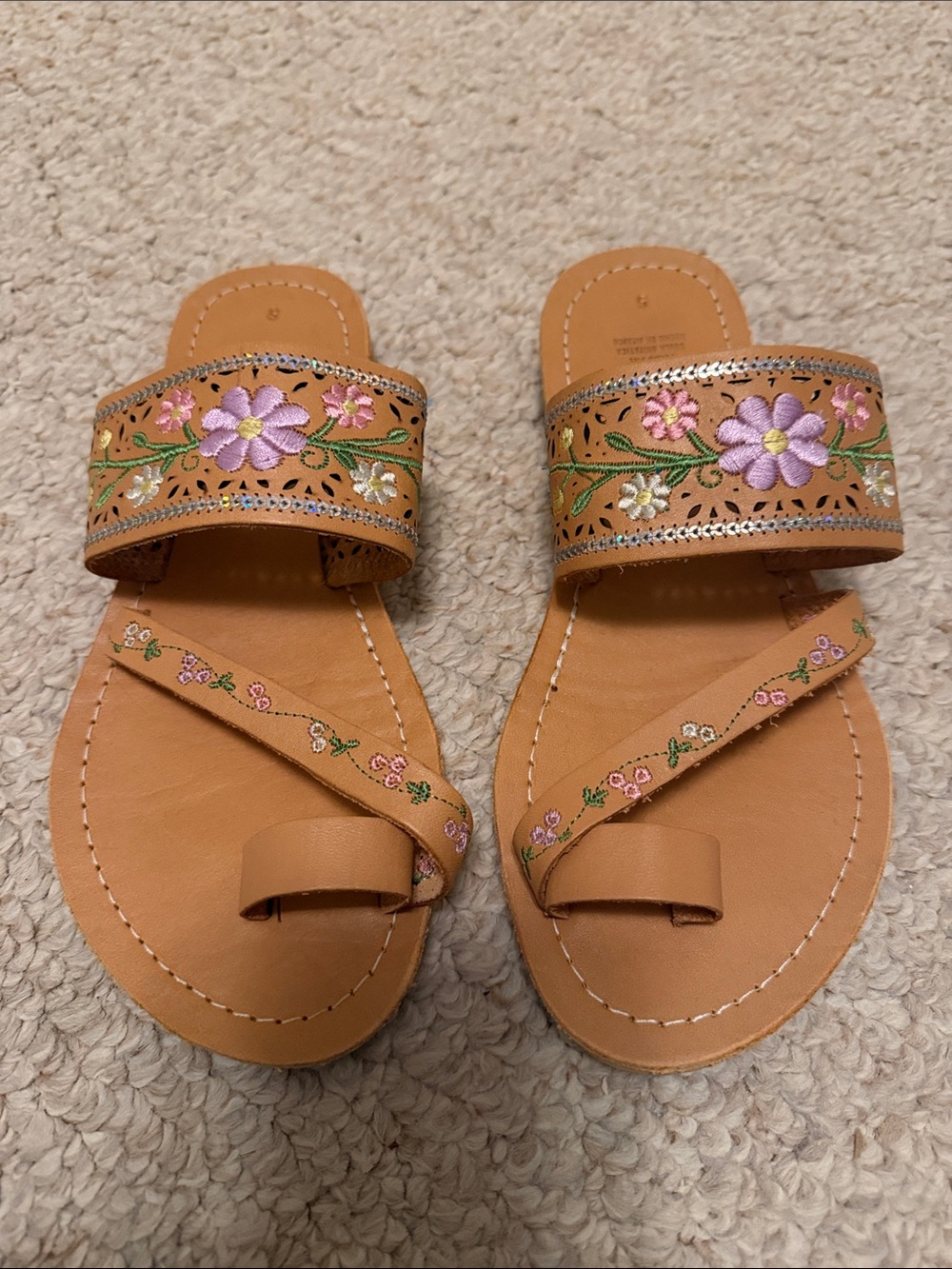 REAL LEATHER Handmade Tan Slide Sandals with Pink & Purple Floral Embroidery